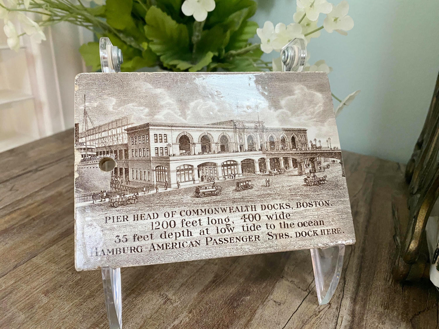 Antique Wedgwood Calendar Tile - 1914 Pier Head of Commonwealth Docks, Historic Boston