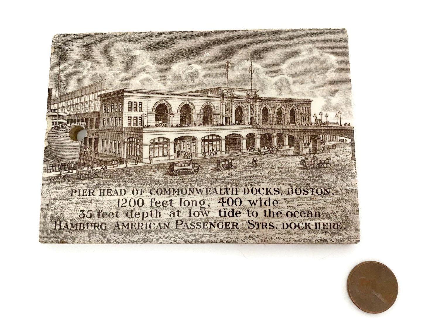 Antique Wedgwood Calendar Tile - 1914 Pier Head of Commonwealth Docks, Historic Boston