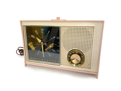 Mid Century Pink Clock Radio, Westinghouse Tube AM Radio
