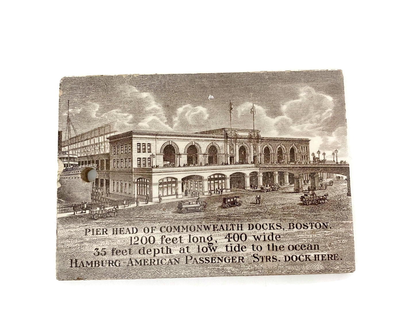 Antique Wedgwood Calendar Tile - 1914 Pier Head of Commonwealth Docks, Historic Boston