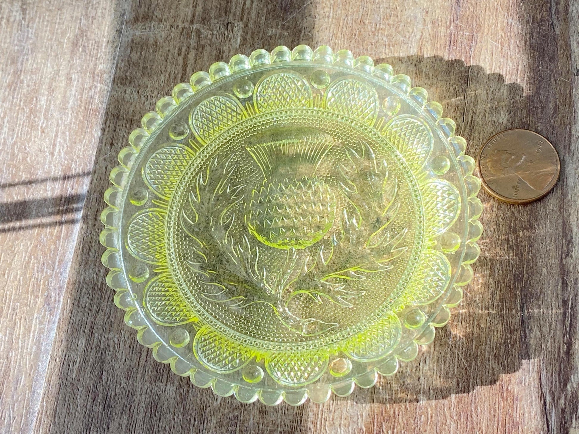 Vintage Pairpoint Glass Cup Plate Thistle #26 in Yellow at Duckwells