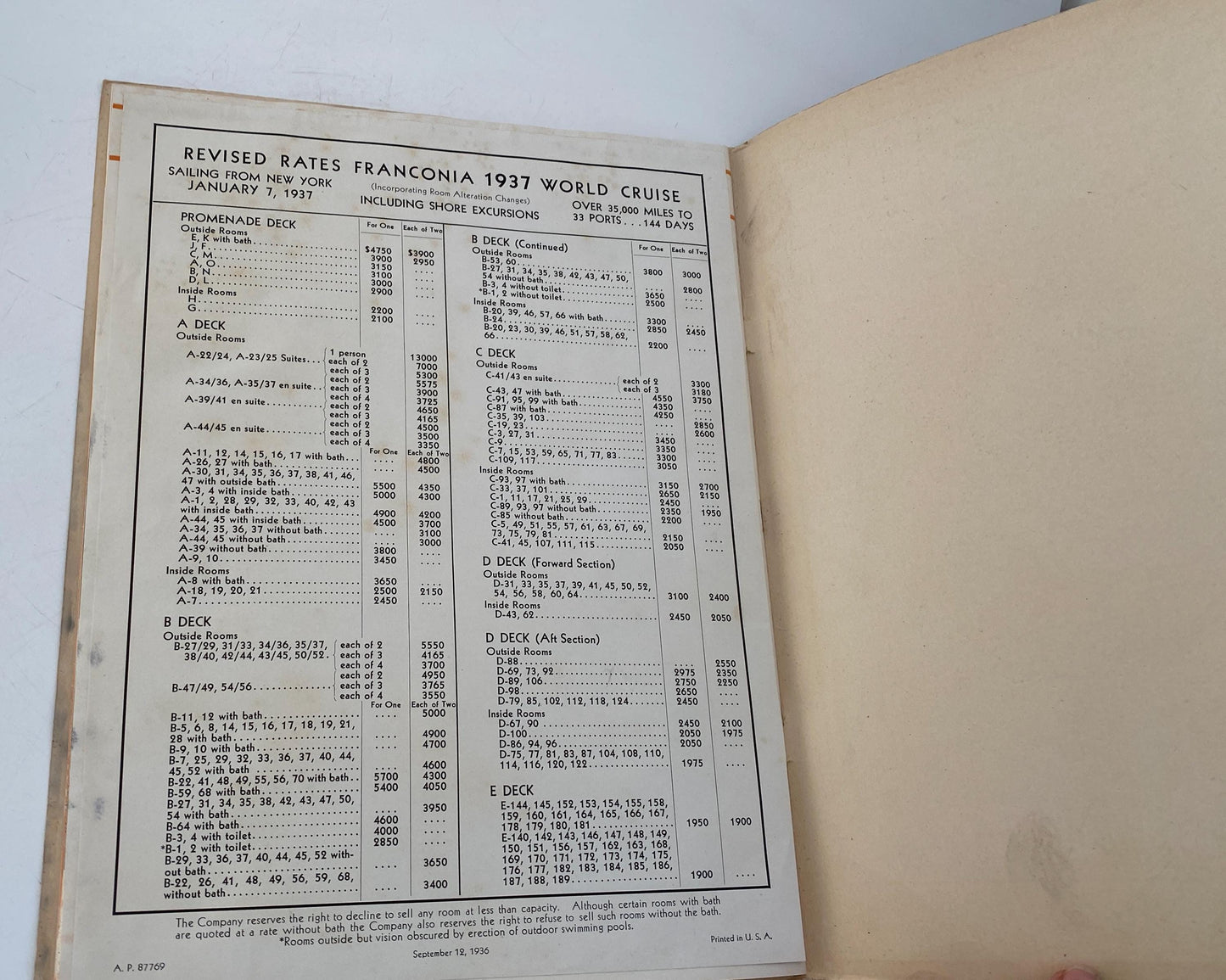 1937 Cruise Ship Brochure, Franconia World Cruise