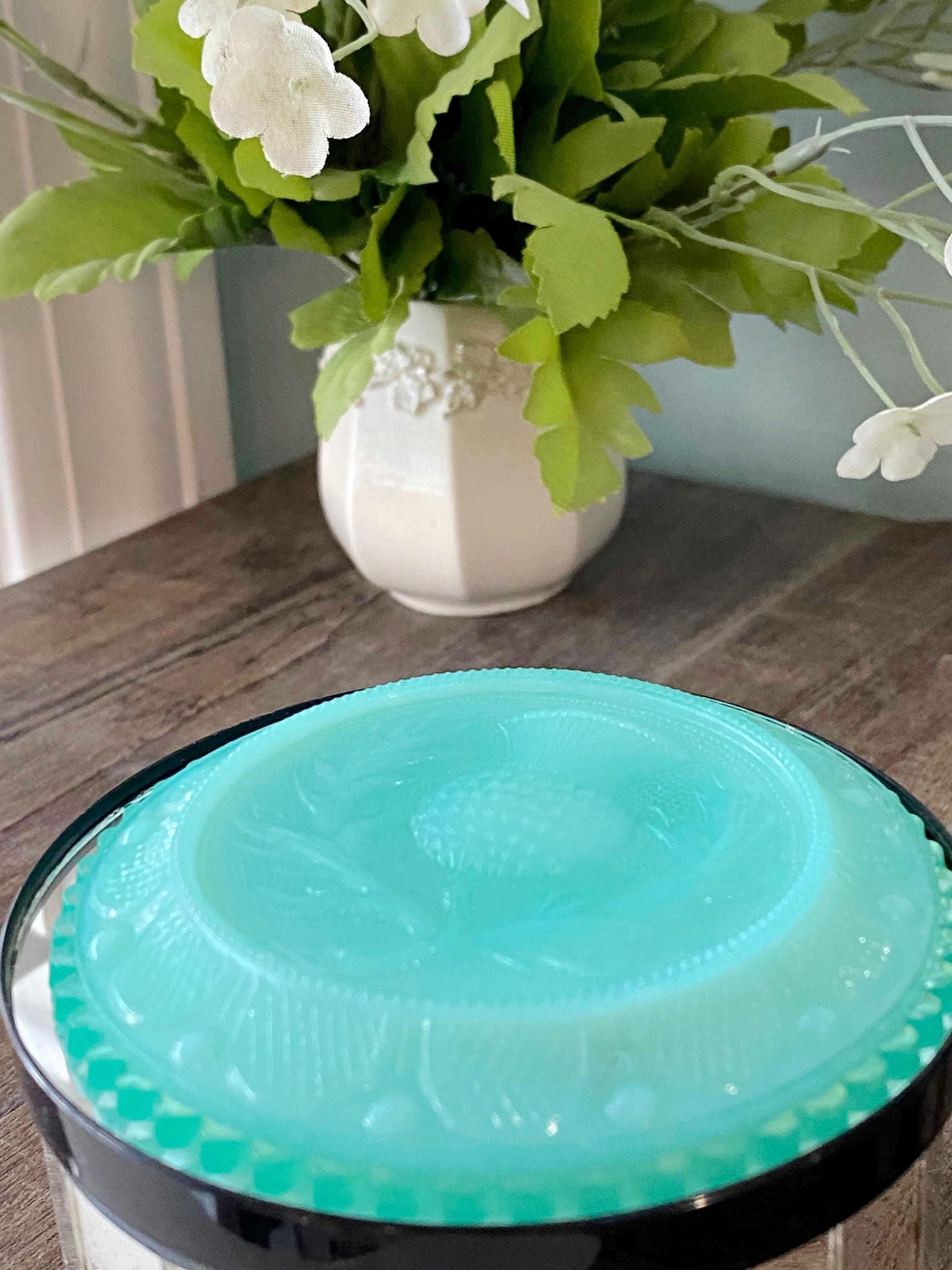 Vintage Pairpoint Glass Cup Plate Thistle #26 in Opalescent Teal at Duckwells