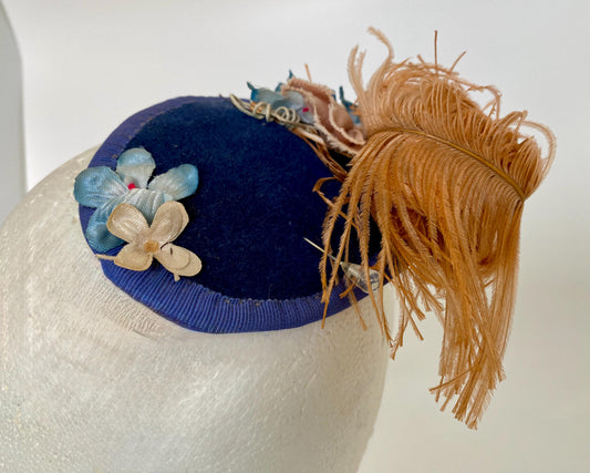 Vintage Blue Floral and Feather Fascinator