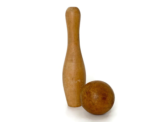 Antique Bowling Pin Set,  Wooden Pin and Ball Collectible Toy