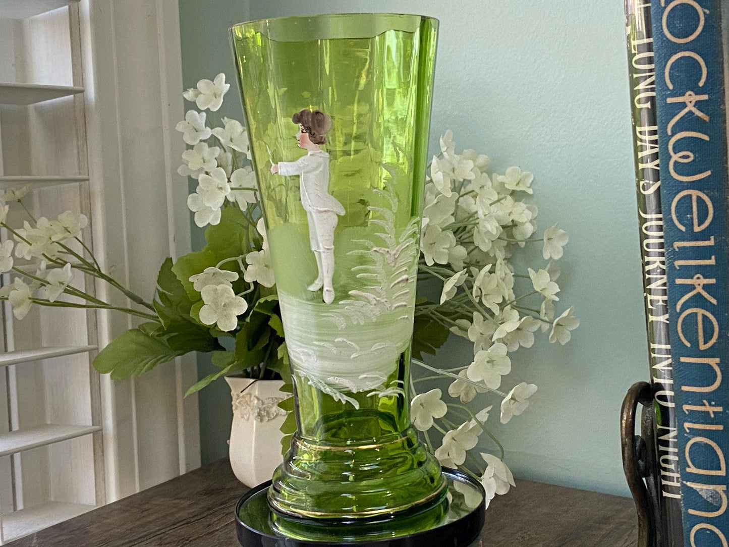 Vintage Mary Gregory Green Glass Vase