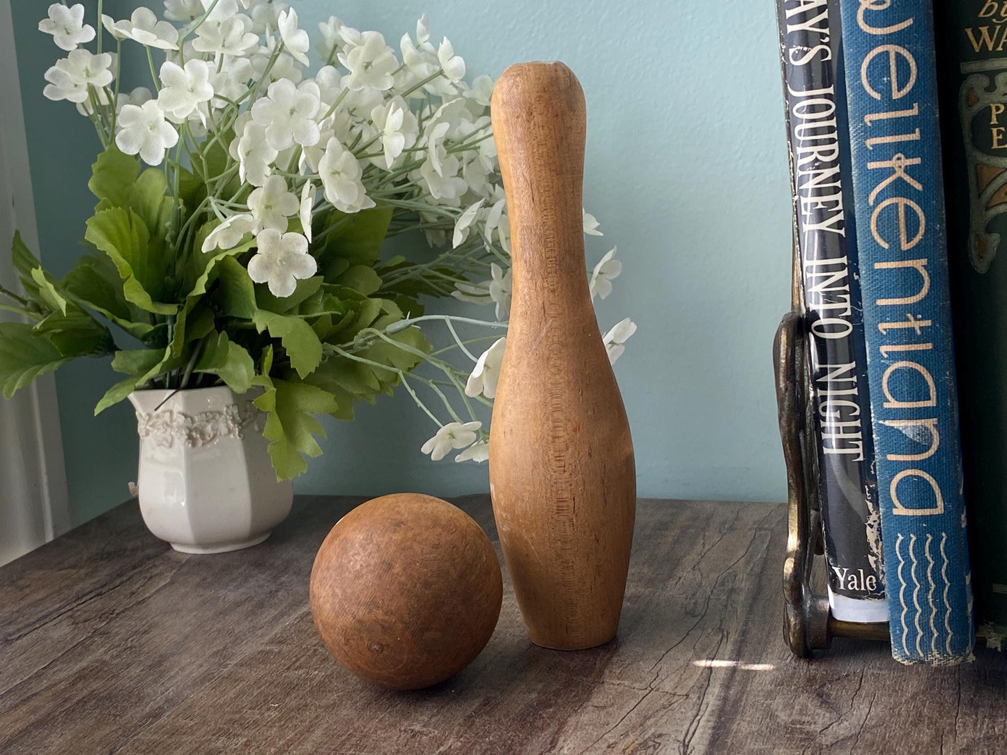 Antique Bowling Pin Set,  Wooden Pin and Ball Collectible Toy