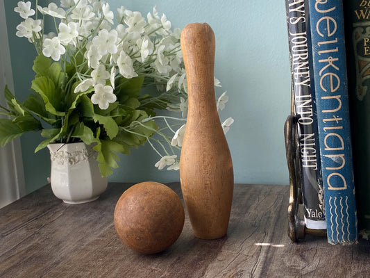 Antique Bowling Pin Set,  Wooden Pin and Ball Collectible Toy
