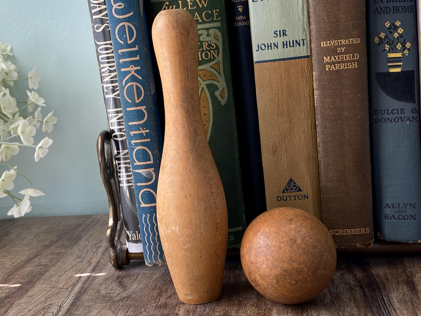 Antique Bowling Pin Set,  Wooden Pin and Ball Collectible Toy