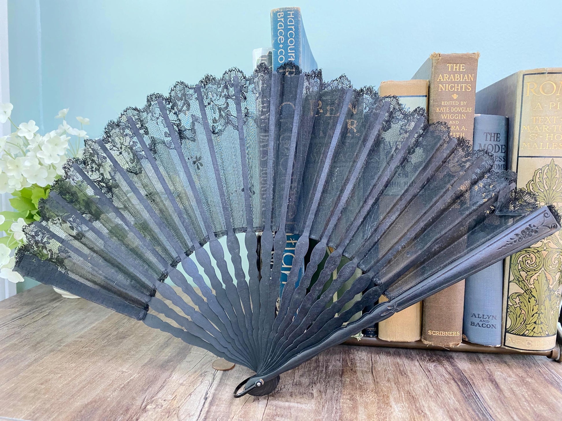 Vintage Black Celluloid and Lace Folding Fan at Duckwells