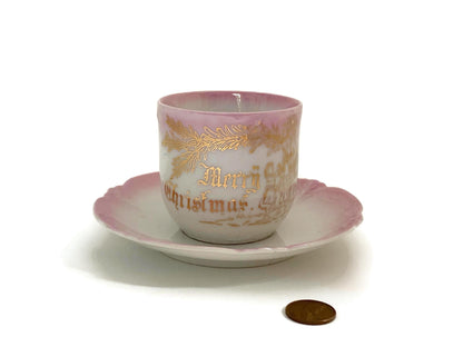 Antique Christmas Pink and White Demitasse Cup & Saucer at Duckwells