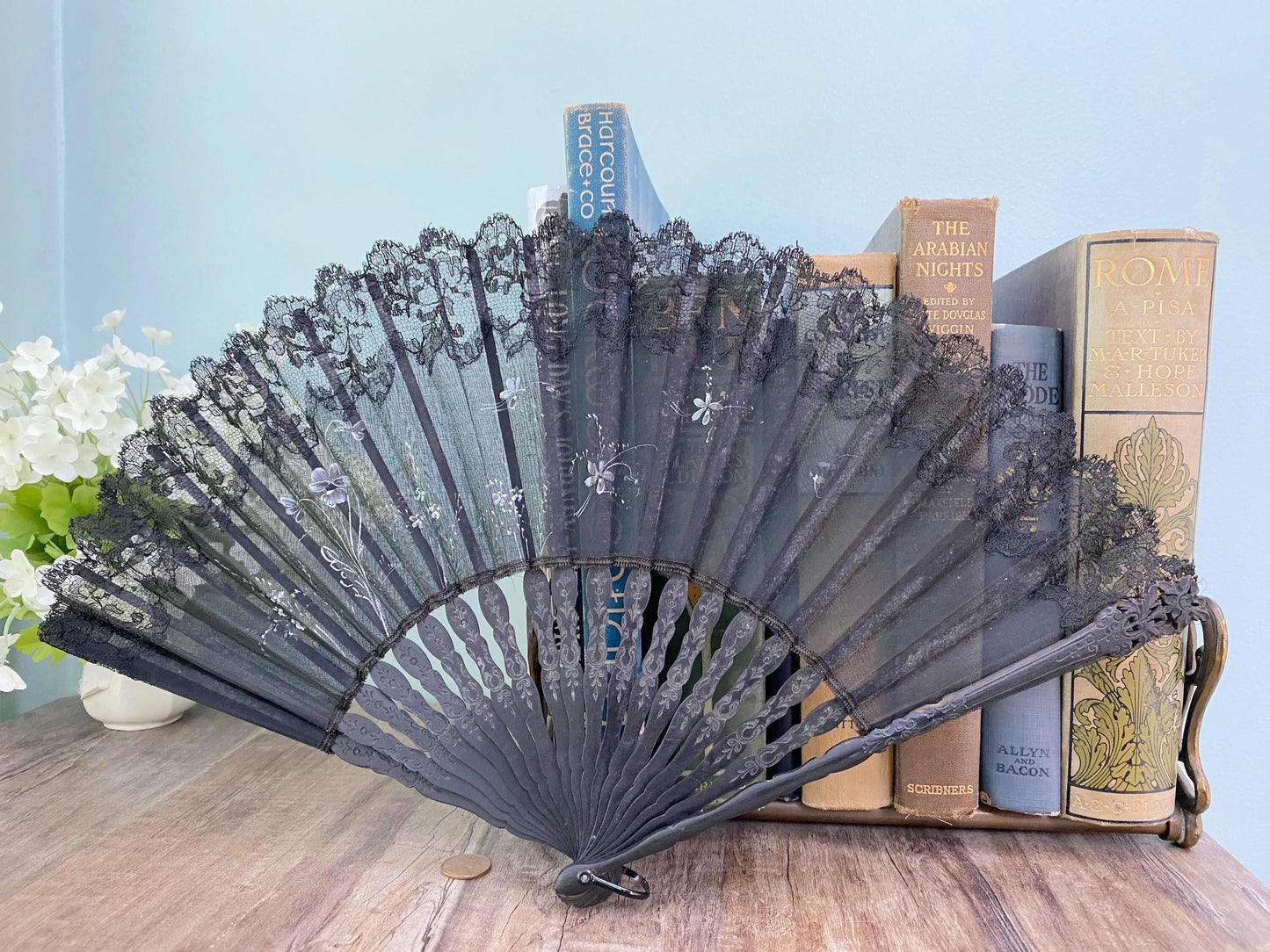 Vintage Black Celluloid and Lace Folding Fan at Duckwells