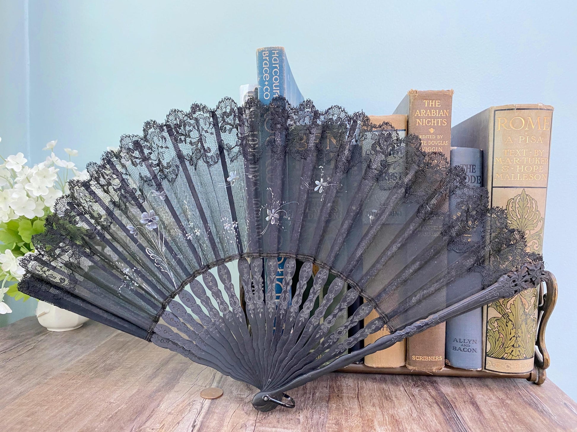 Vintage Black Celluloid and Lace Folding Fan at Duckwells