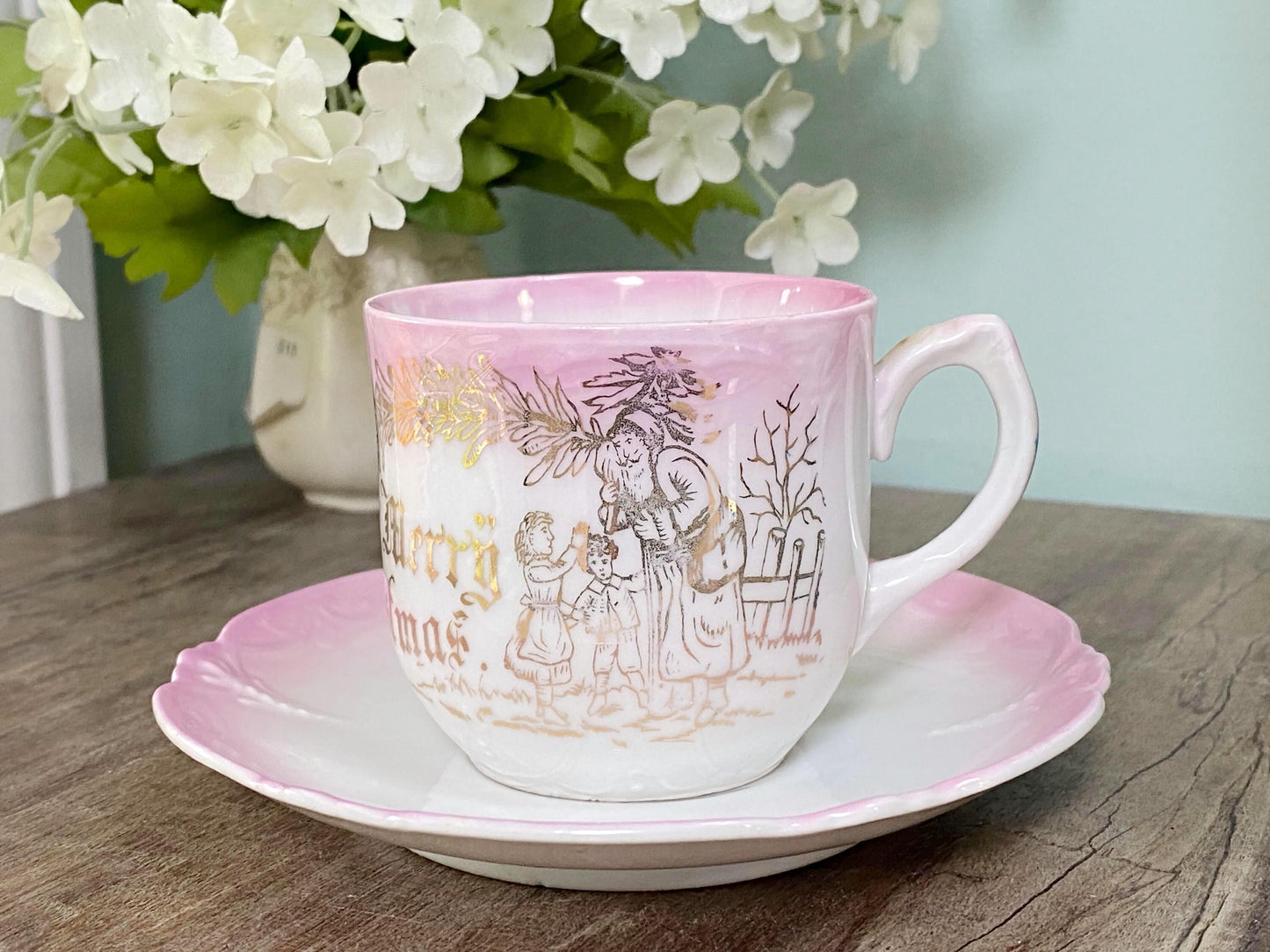 Antique Christmas Pink and White Demitasse Cup & Saucer at Duckwells