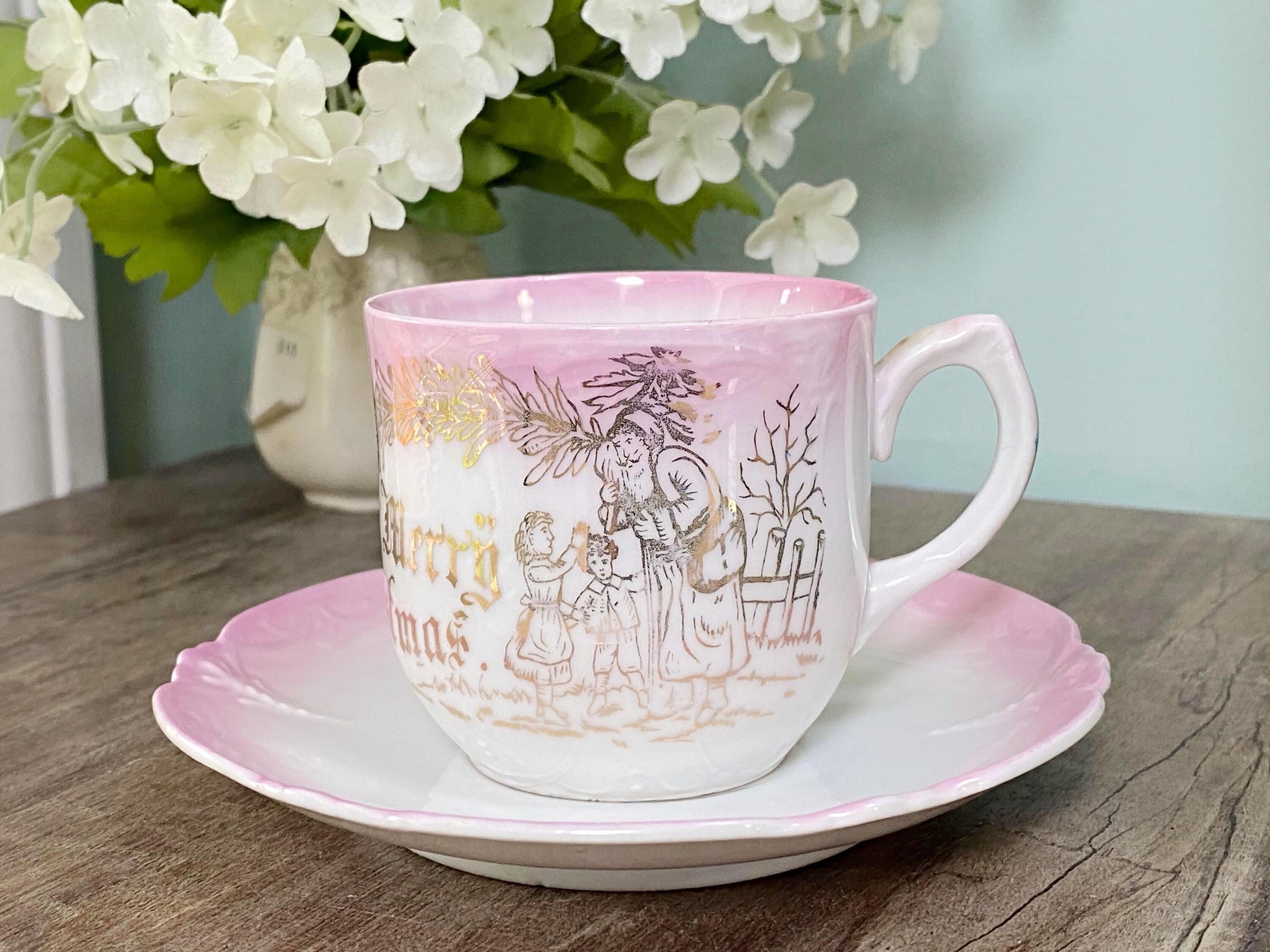 Antique Christmas Pink and White Demitasse Cup & Saucer at Duckwells