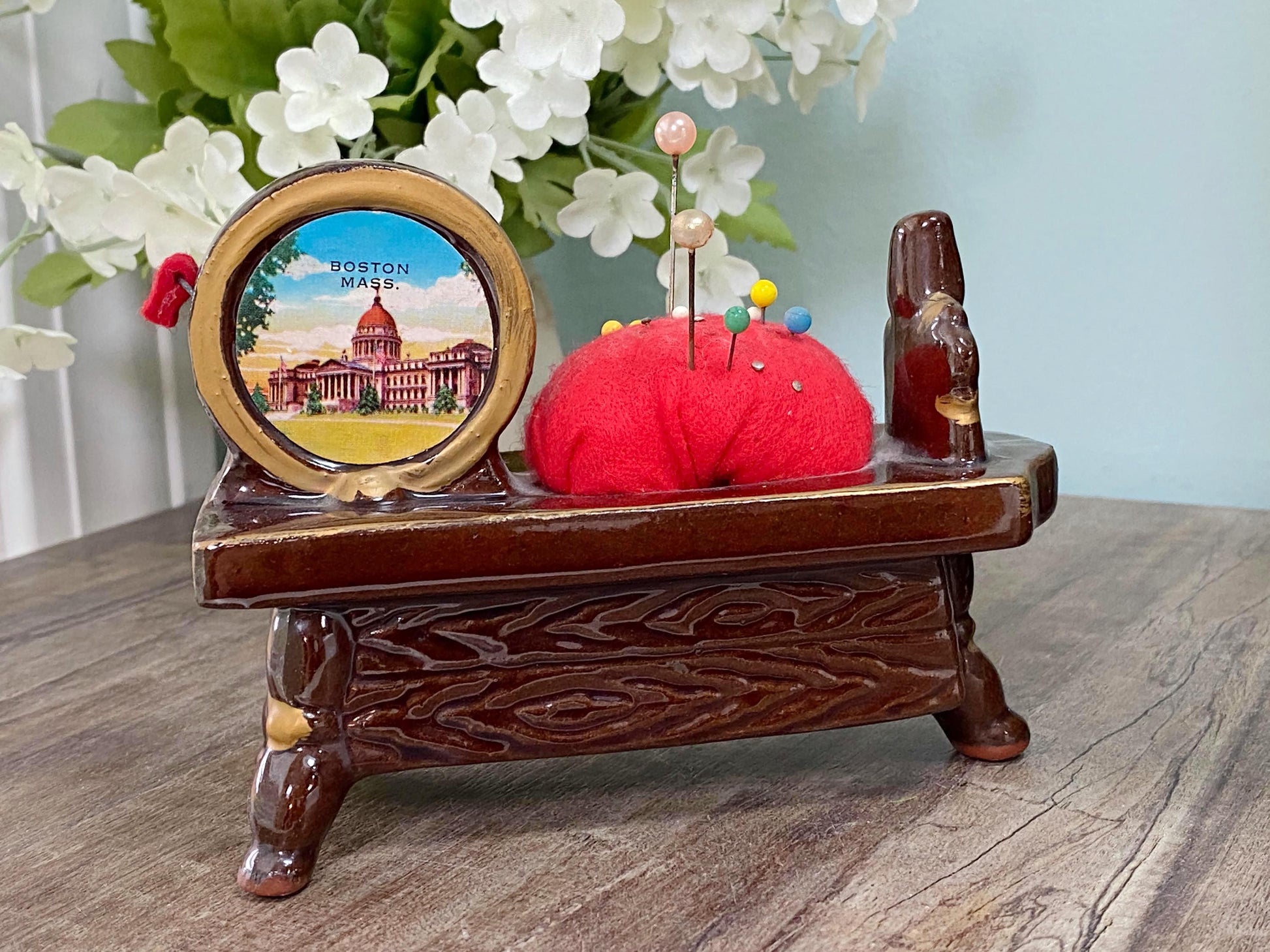 Midcentury Sewing Notion, Ceramic Pincushion Tape Measure at Duckwells