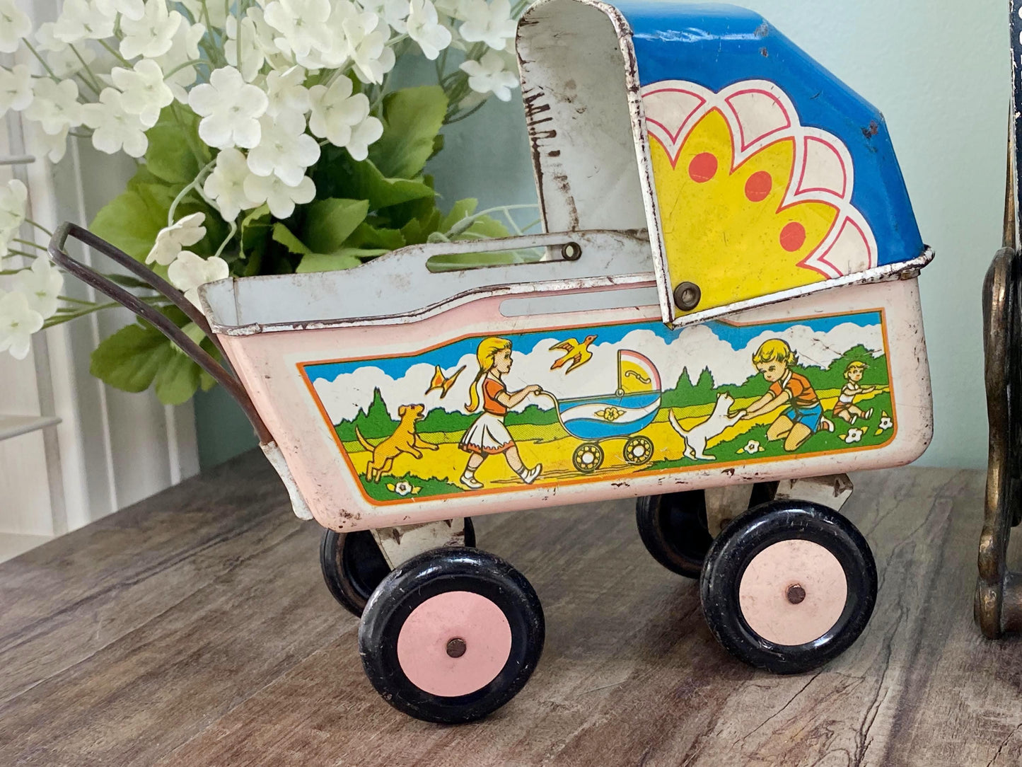 Vintage Tin Litho Baby Doll Carriage circa 1930s at Duckwells