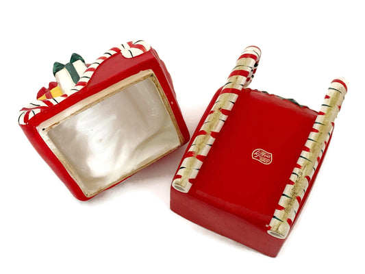 Midcentury Lefton Ceramic Christmas Girl on a Sleigh Candy Box at Duckwells