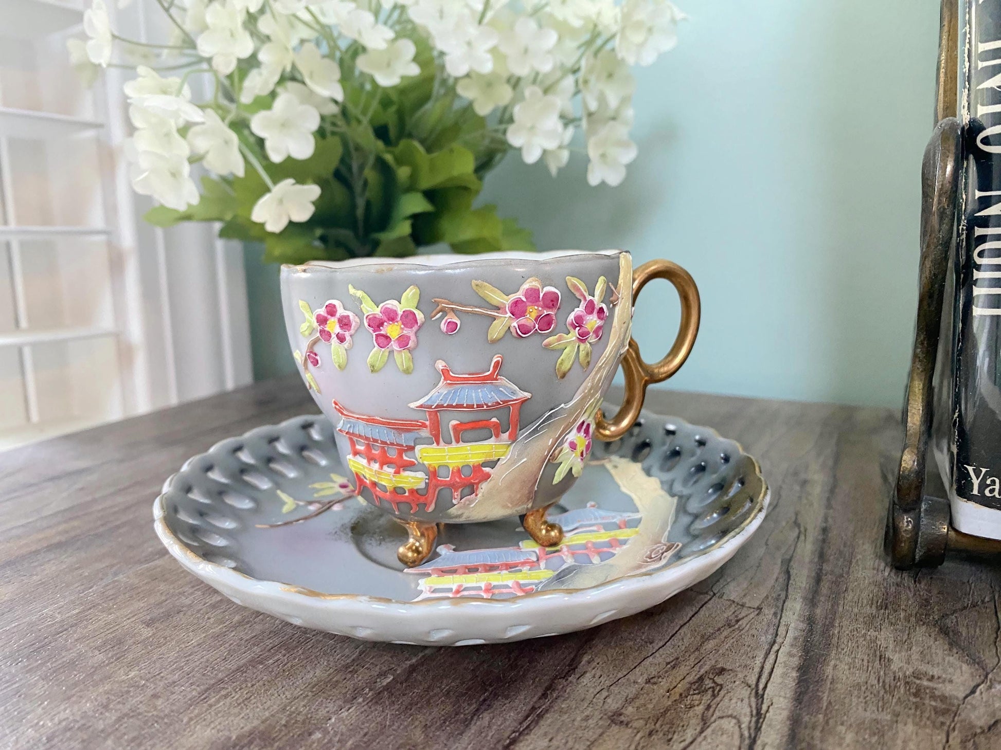 Midcentury Morige Cup and Saucer Set at Duckwells