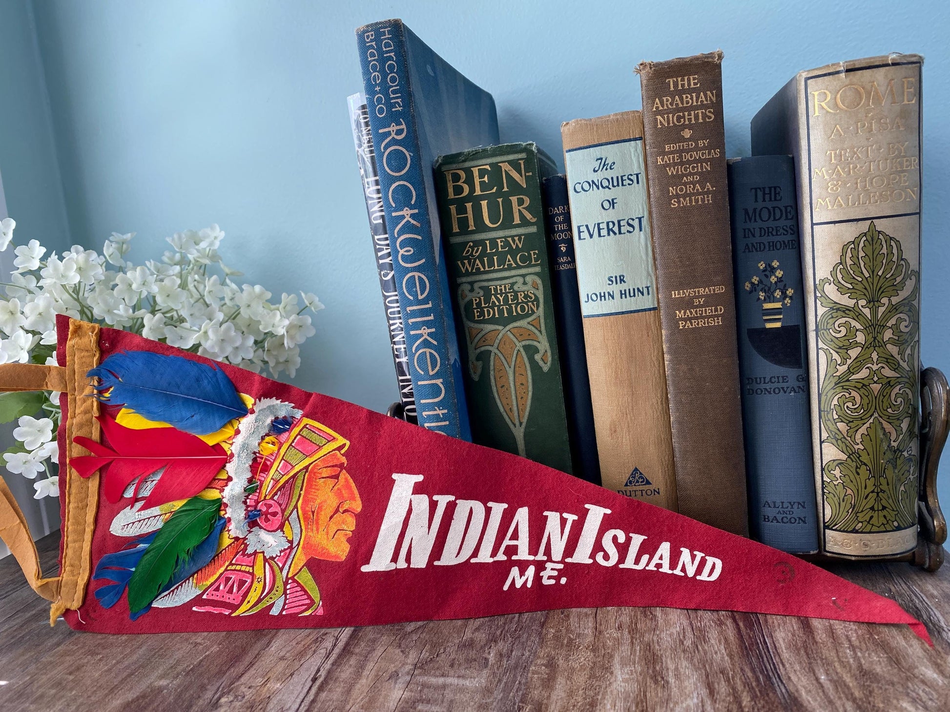 Vintage Indian Island Maine Pennant with Feathered Headdress at Duckwells
