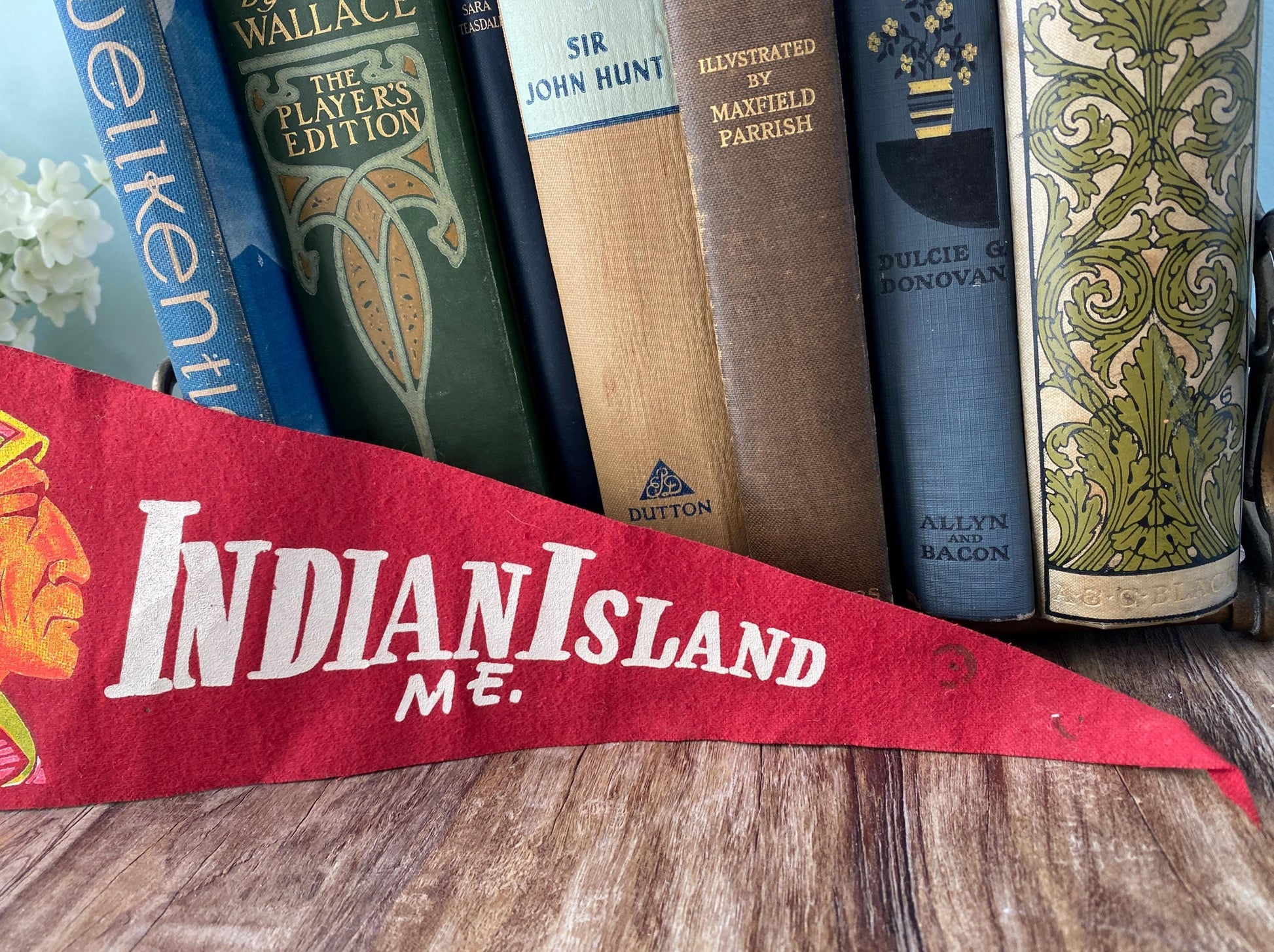Vintage Indian Island Maine Pennant with Feathered Headdress at Duckwells