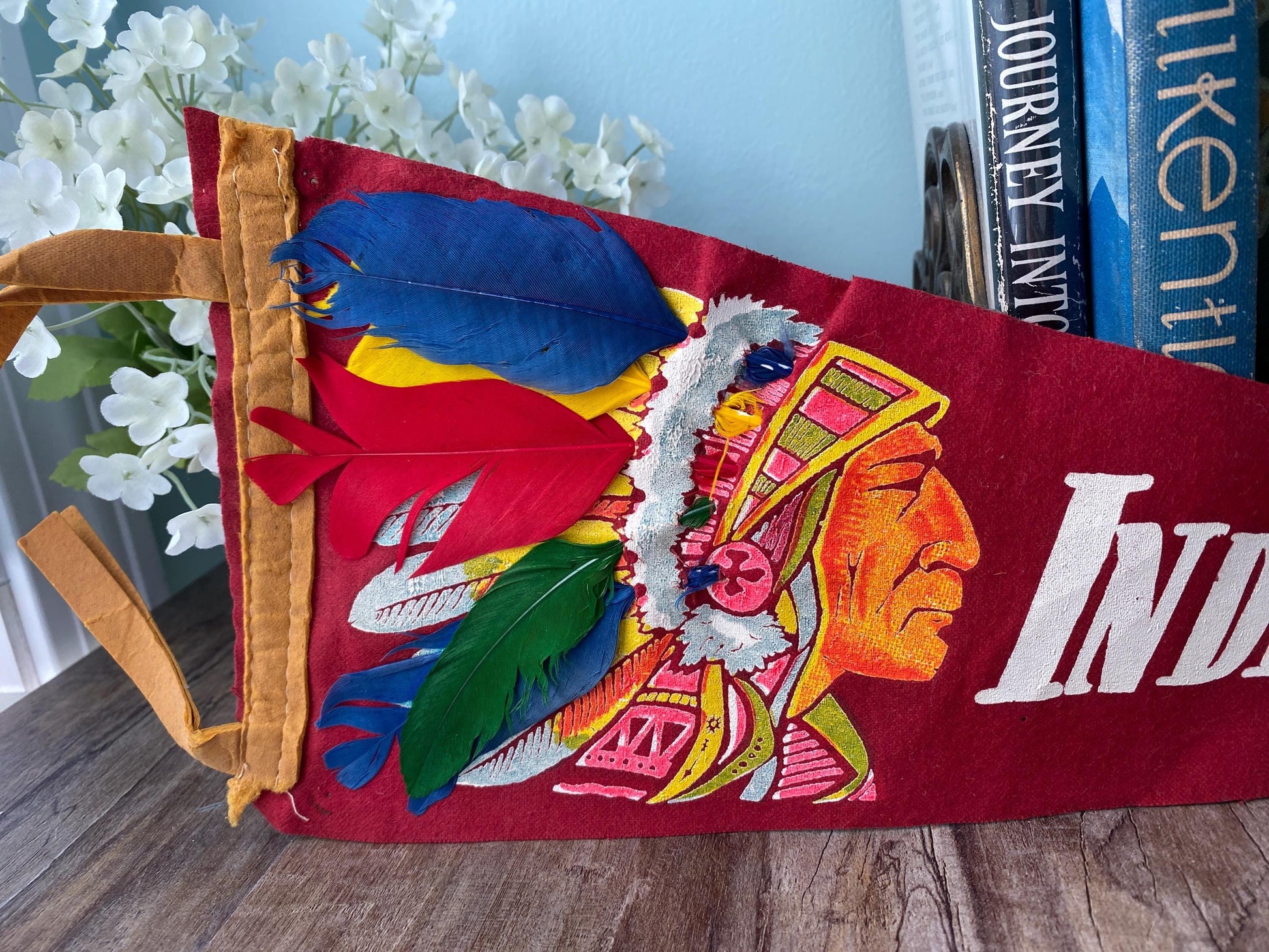 Vintage Indian Island Maine Pennant with Feathered Headdress at Duckwells