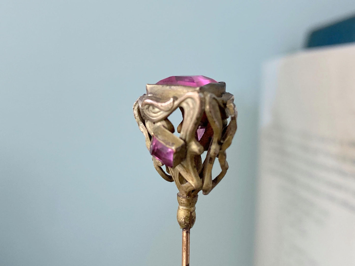 Antique Hat Pin, Art Nouveau with Pink Glass Stones at Duckwells