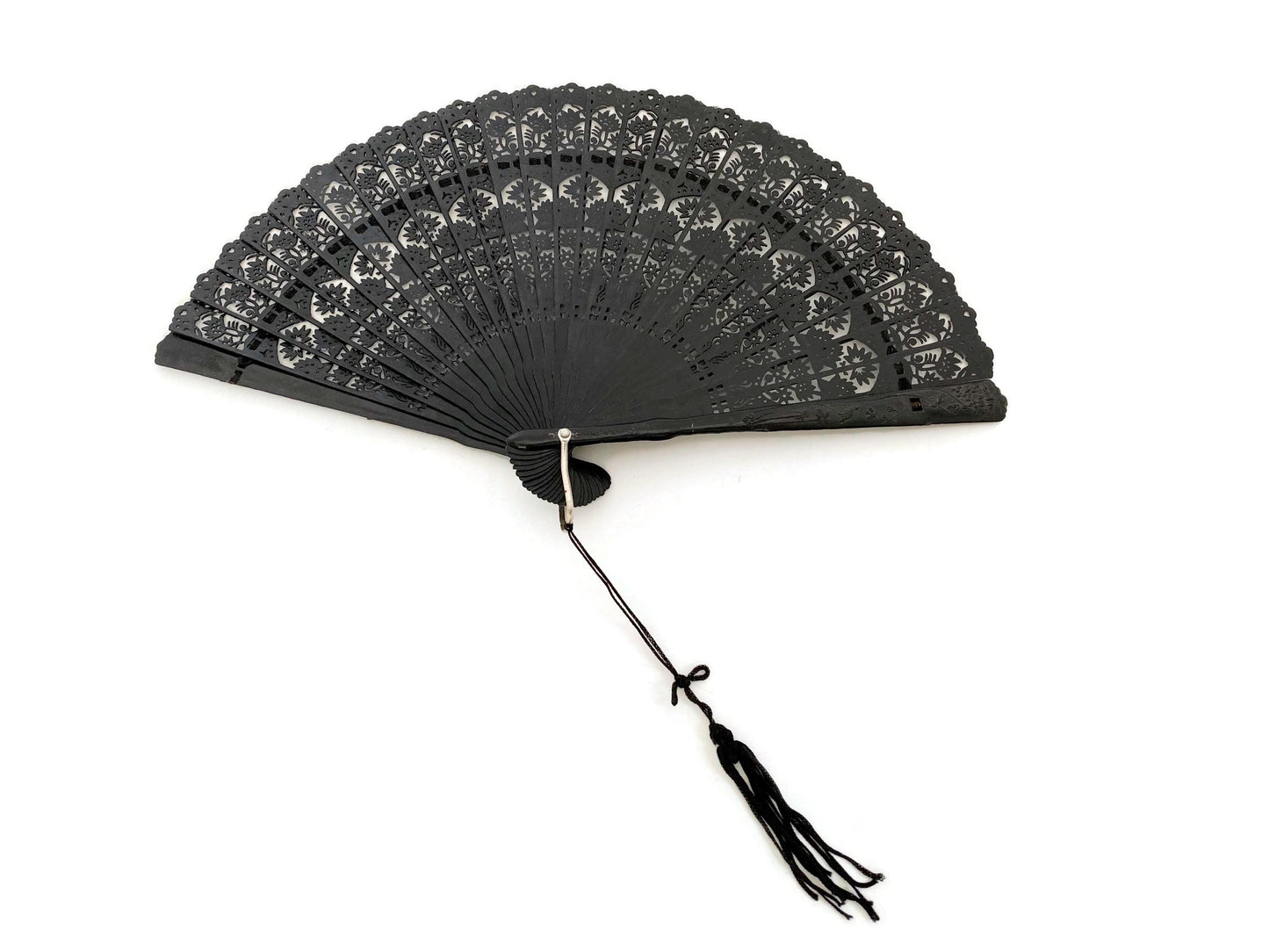Vintage Folding Brise Fan, Lacy Black Celluloid at Duckwells