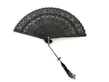 Vintage Folding Brise Fan, Lacy Black Celluloid at Duckwells