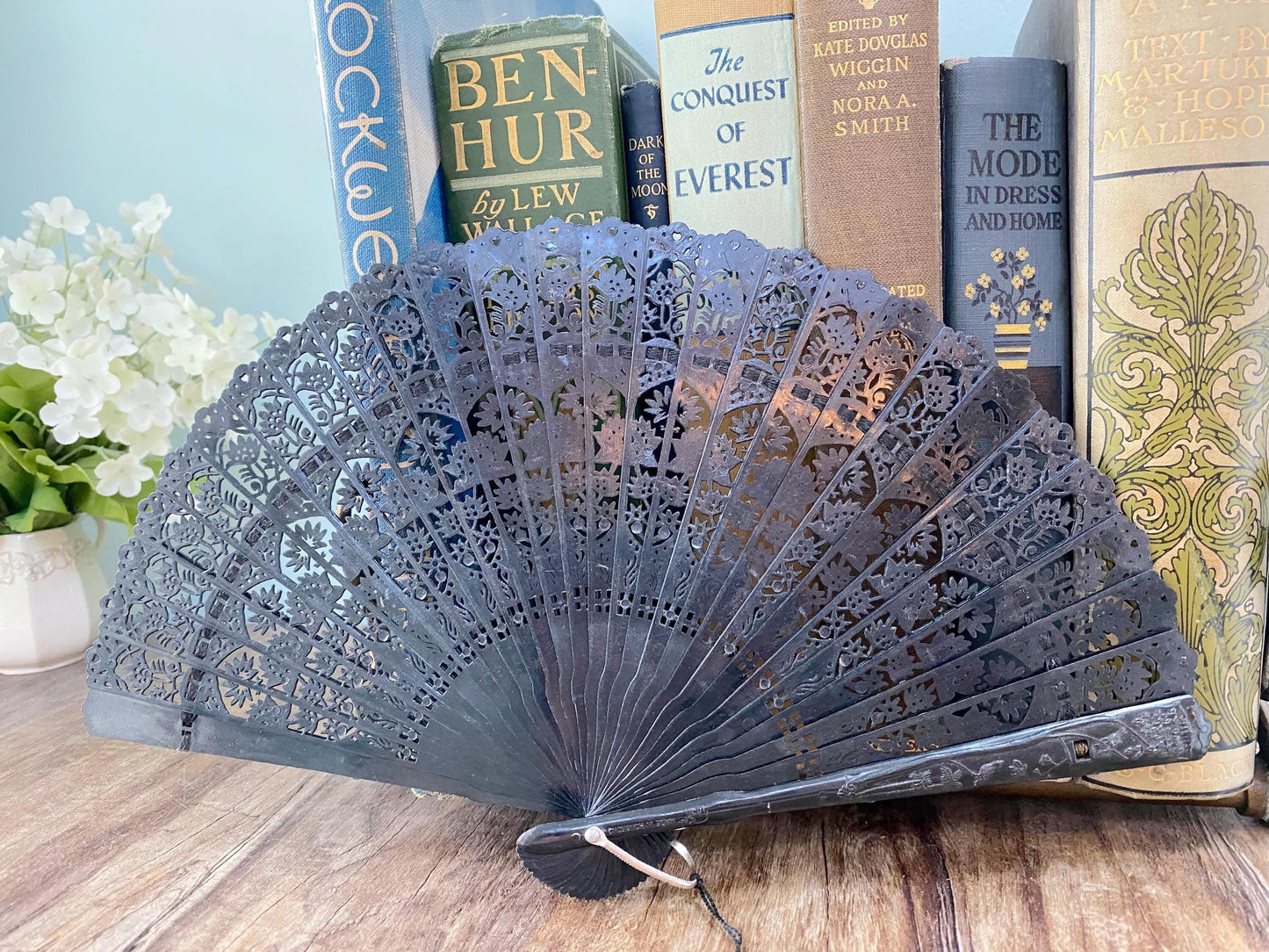 Vintage Folding Brise Fan, Lacy Black Celluloid at Duckwells