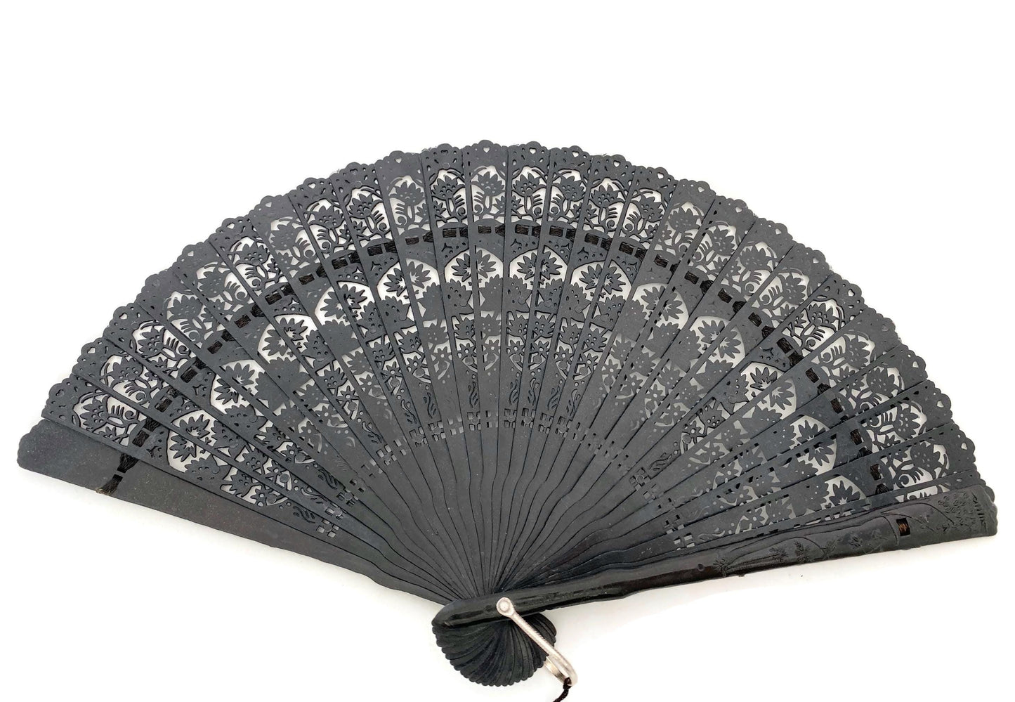 Vintage Folding Brise Fan, Lacy Black Celluloid at Duckwells
