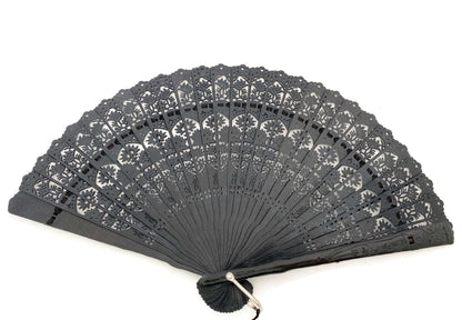 Vintage Folding Brise Fan, Lacy Black Celluloid at Duckwells