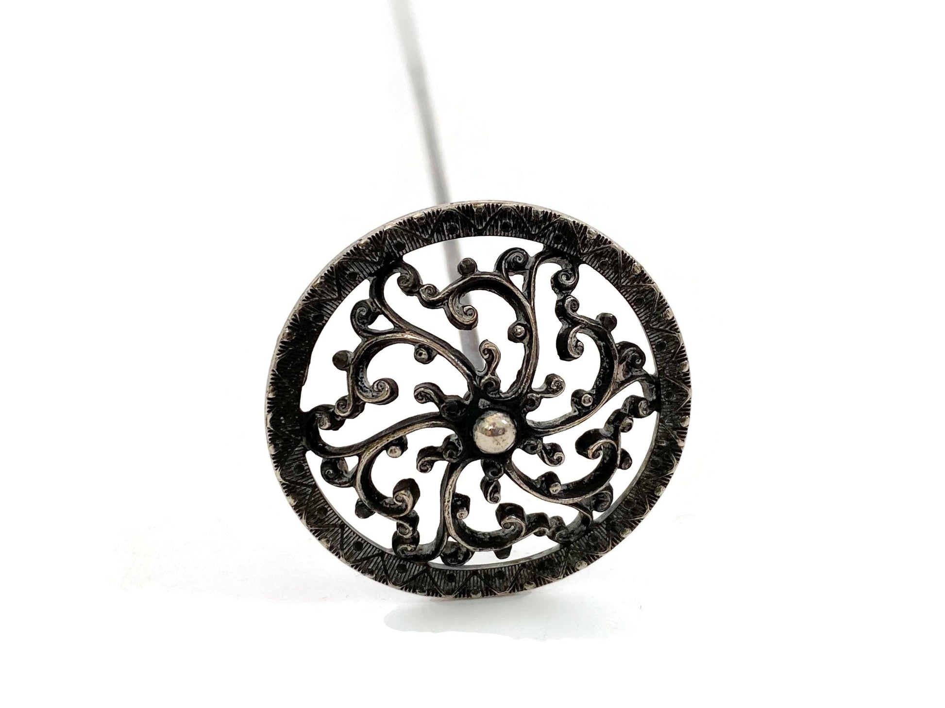 Antique Silver Hat Pin by Fishel and Nessler with Filigree Head at Duckwells