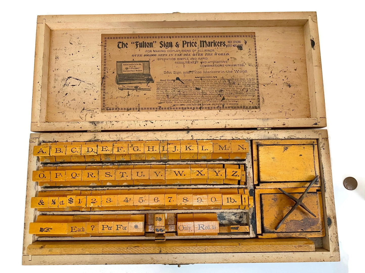 Antique Sign and Price Marking Set in Wood Box at Duckwells