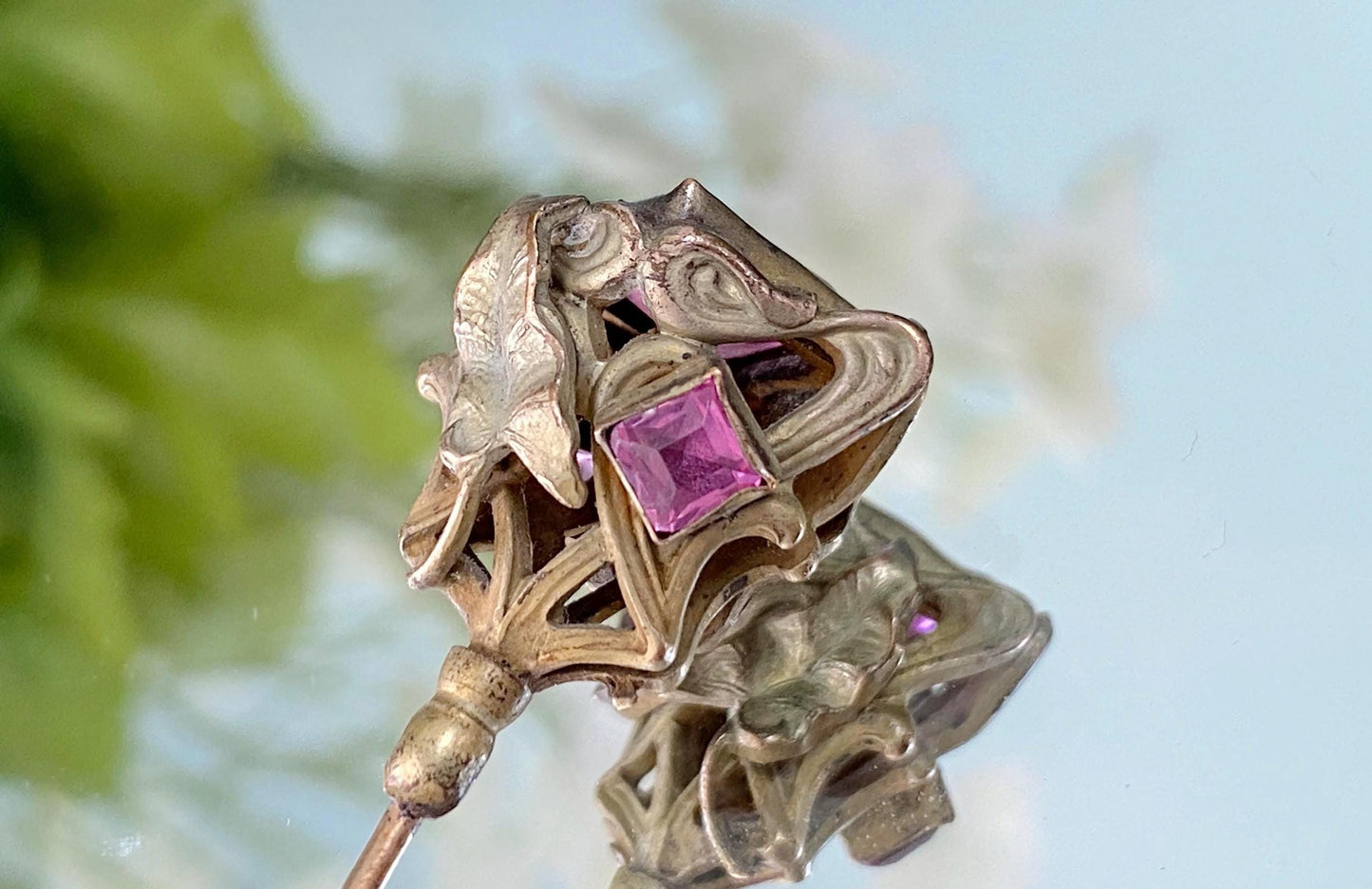 Antique Hat Pin, Art Nouveau with Pink Glass Stones at Duckwells