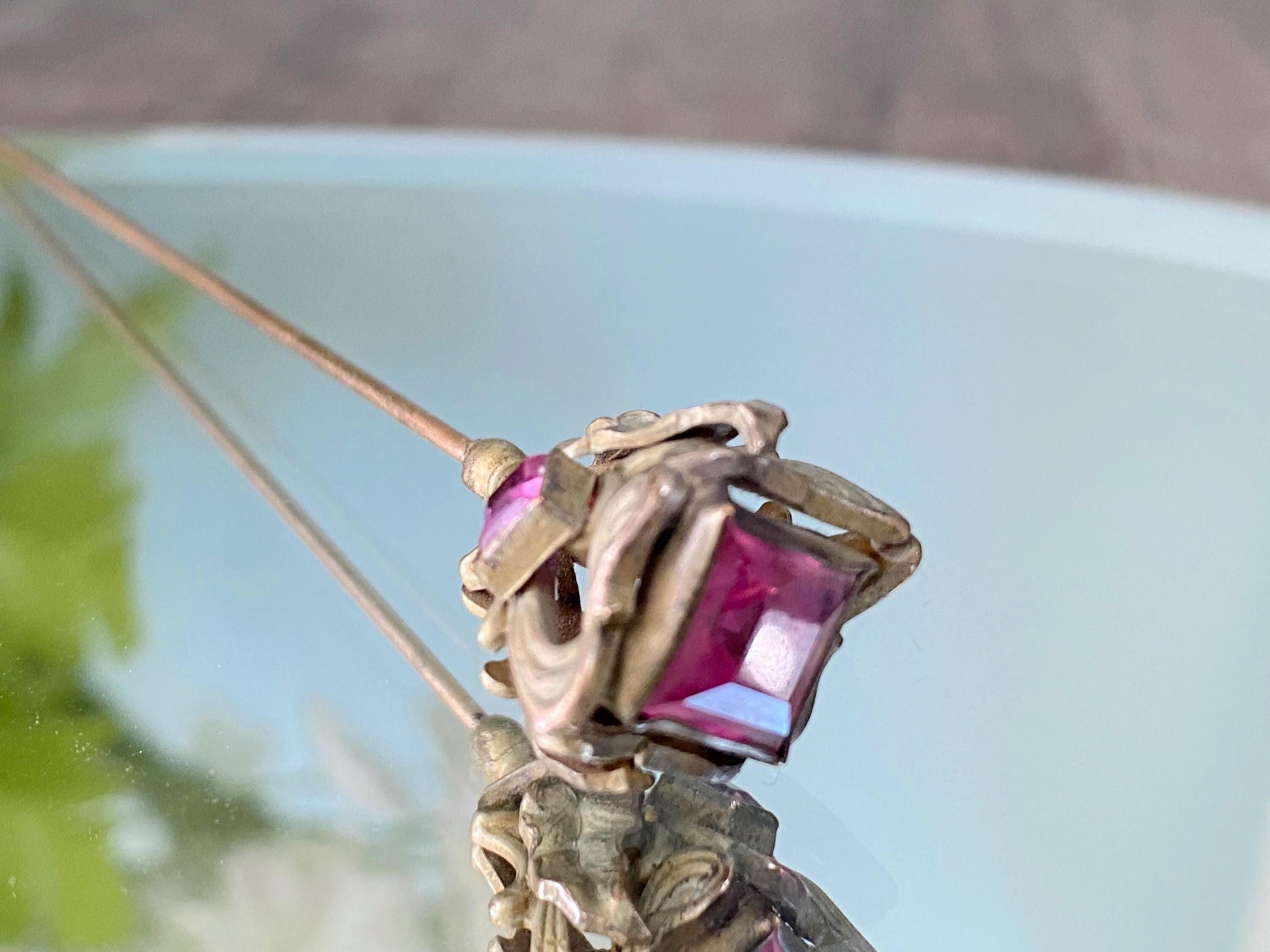 Antique Hat Pin, Art Nouveau with Pink Glass Stones at Duckwells