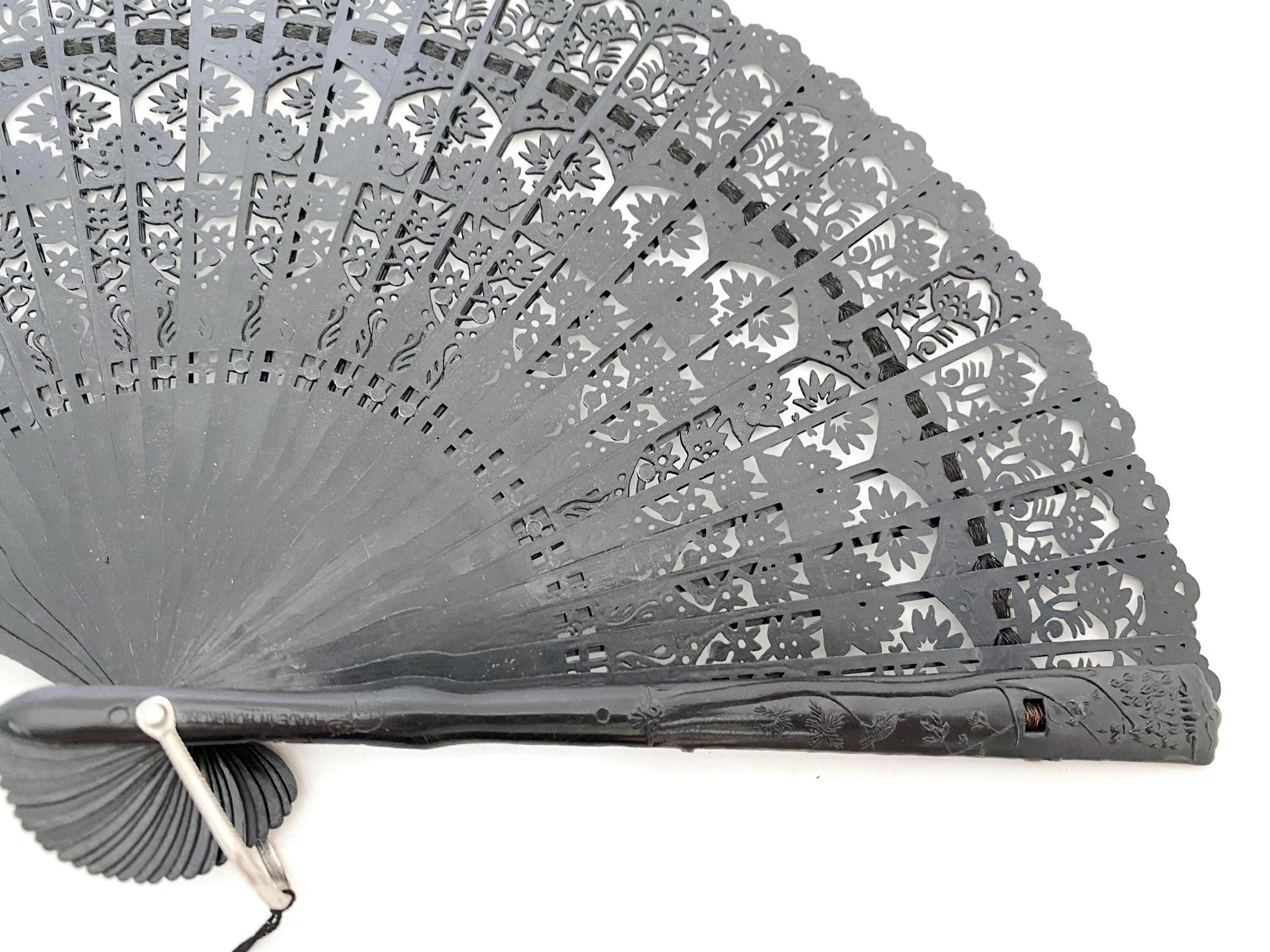 Vintage Folding Brise Fan, Lacy Black Celluloid at Duckwells