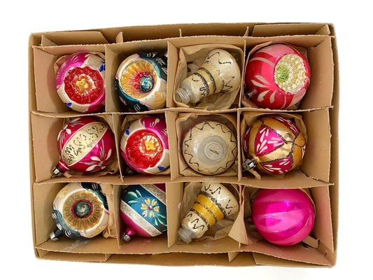 Midcentury Glass Christmas Ornaments with Hand Painted Indents at Duckwells