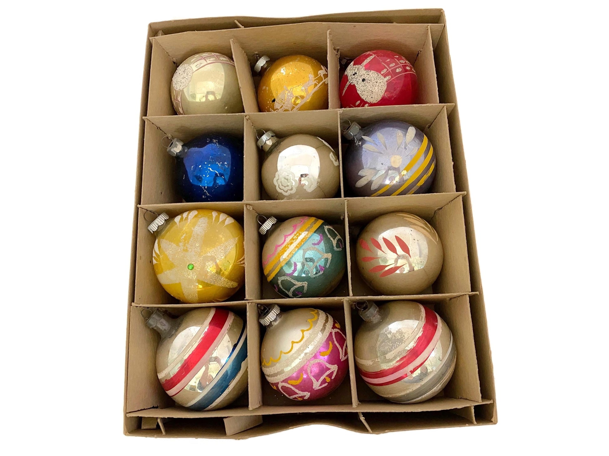 Midcentury Glass Christmas Ornaments Hand Painted Medium Sized at Duckwells