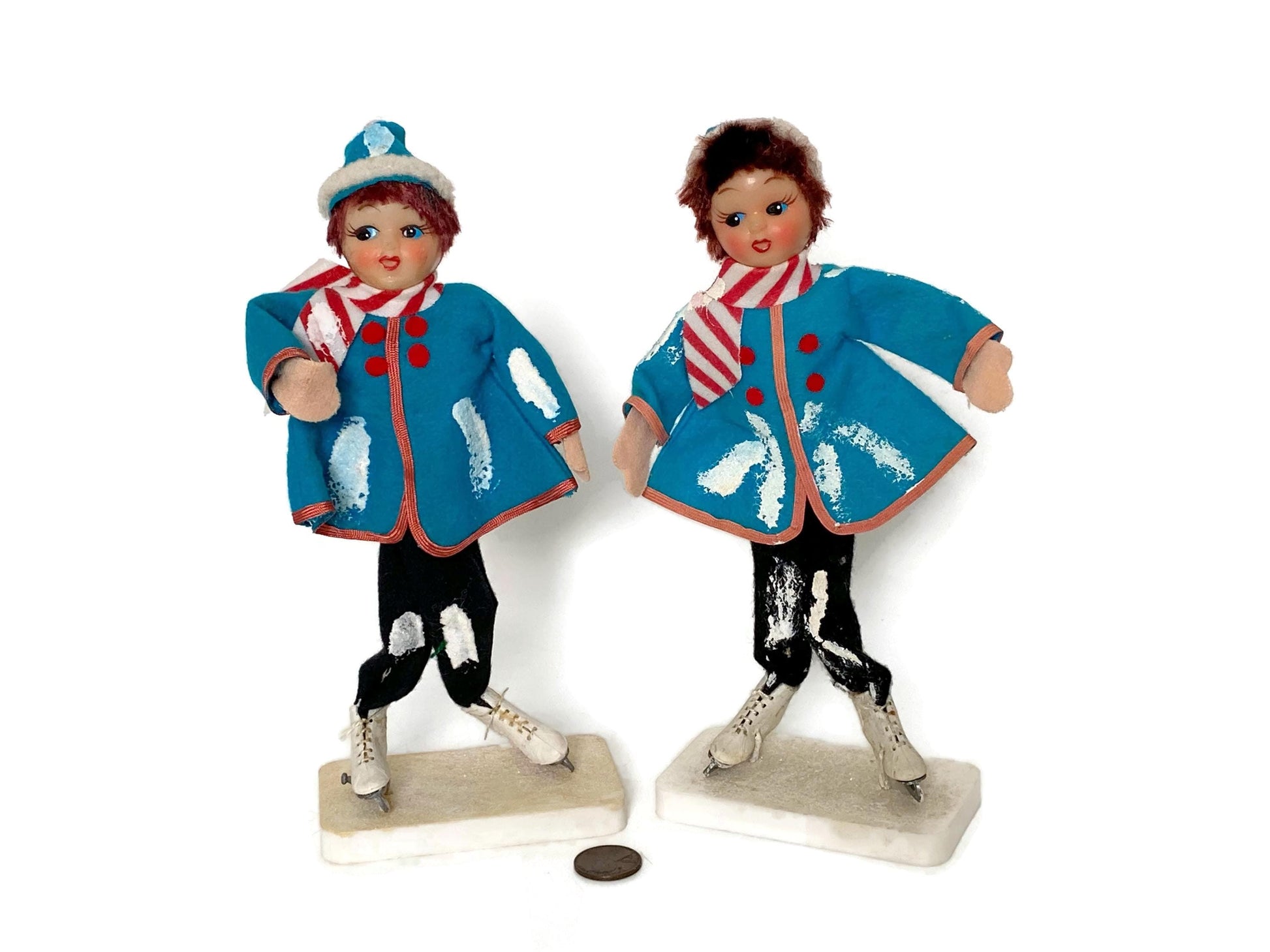 Midcentury Ice Skaters with Felt on Stand, Made In Japan at Duckwells