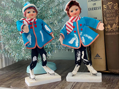 Midcentury Ice Skaters with Felt on Stand, Made In Japan at Duckwells