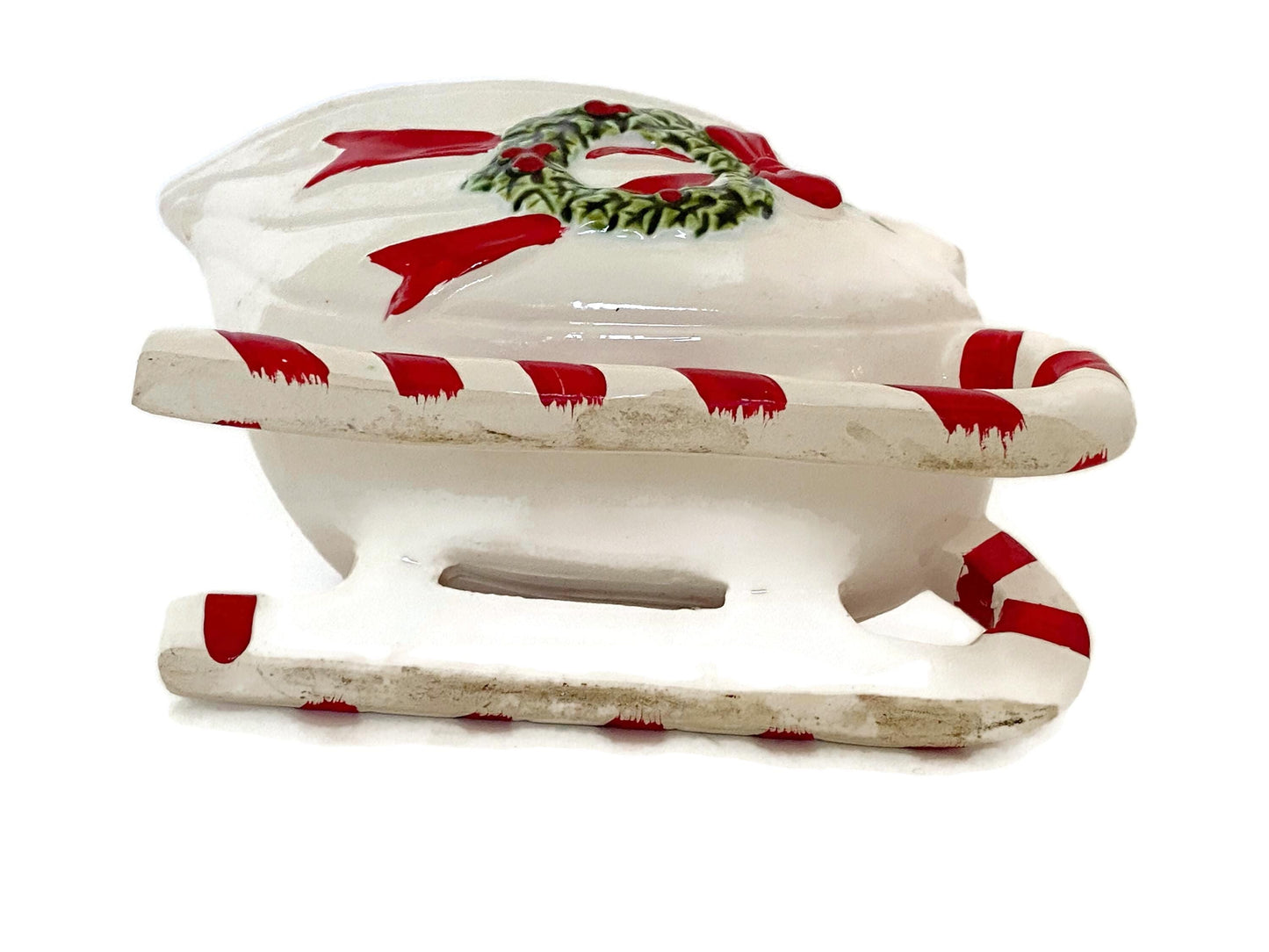 Vintage Ceramic Sleigh with Red and Green Details at Duckwells
