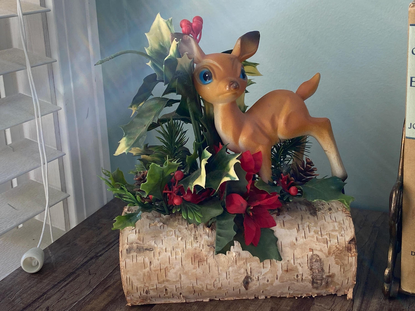 Midcentury Holiday Decoration on a Birch Log at Duckwells