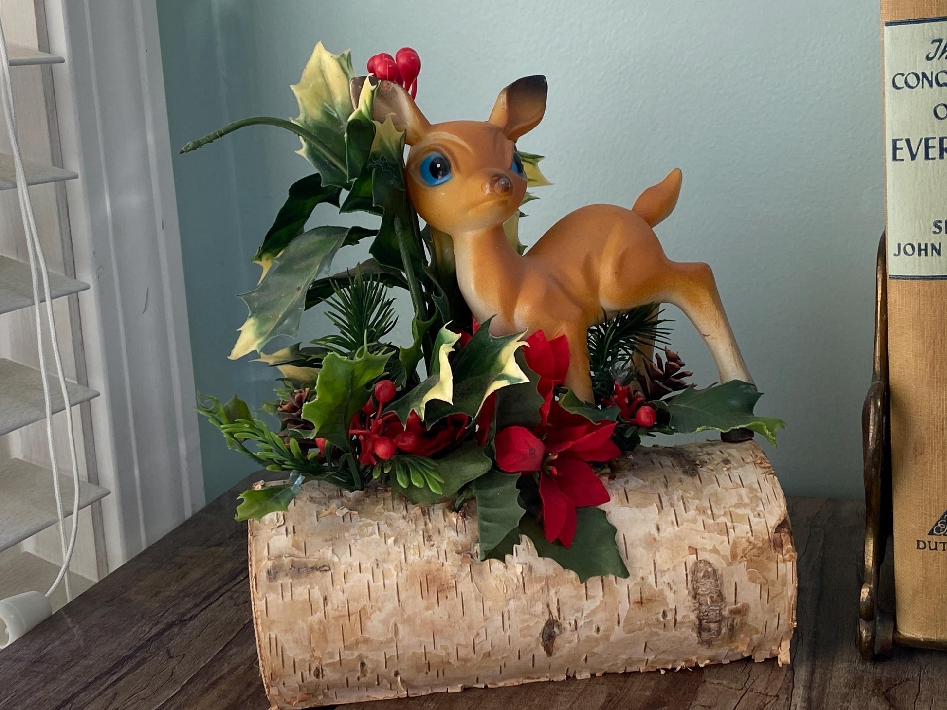 Midcentury Holiday Decoration on a Birch Log at Duckwells
