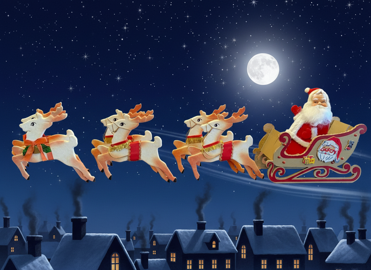 Vintage Christmas Display, Foldable Santa, Sleigh and Reindeer at Duckwells