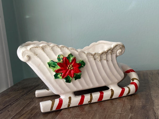 Vintage White Christmas Ceramic Sleigh by Napco at Duckwells