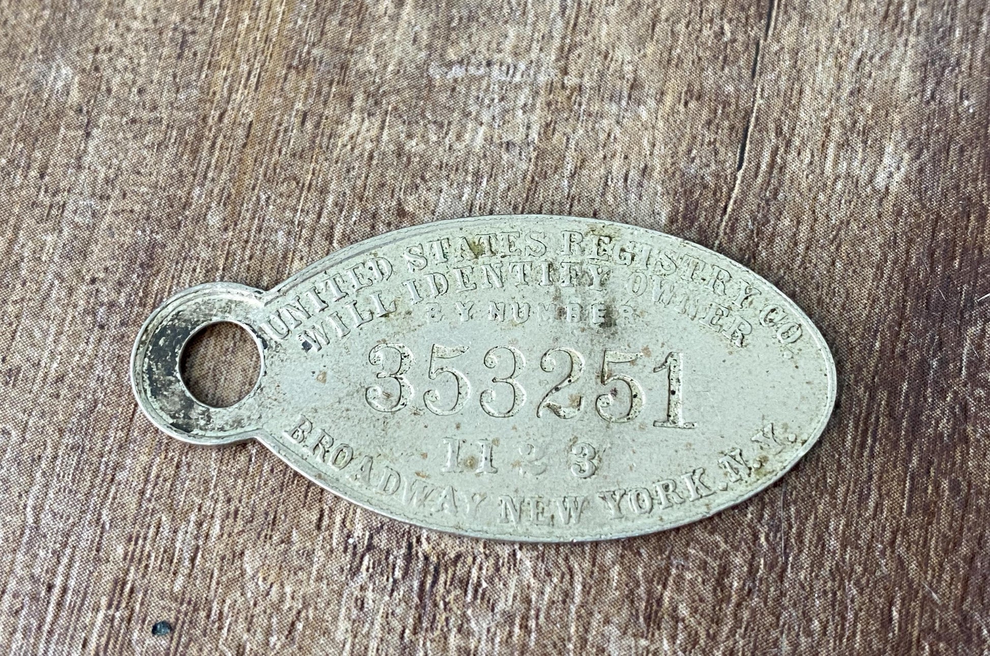 Antique Key Fob Registry Metal Tag, Broadway, New York at Duckwells