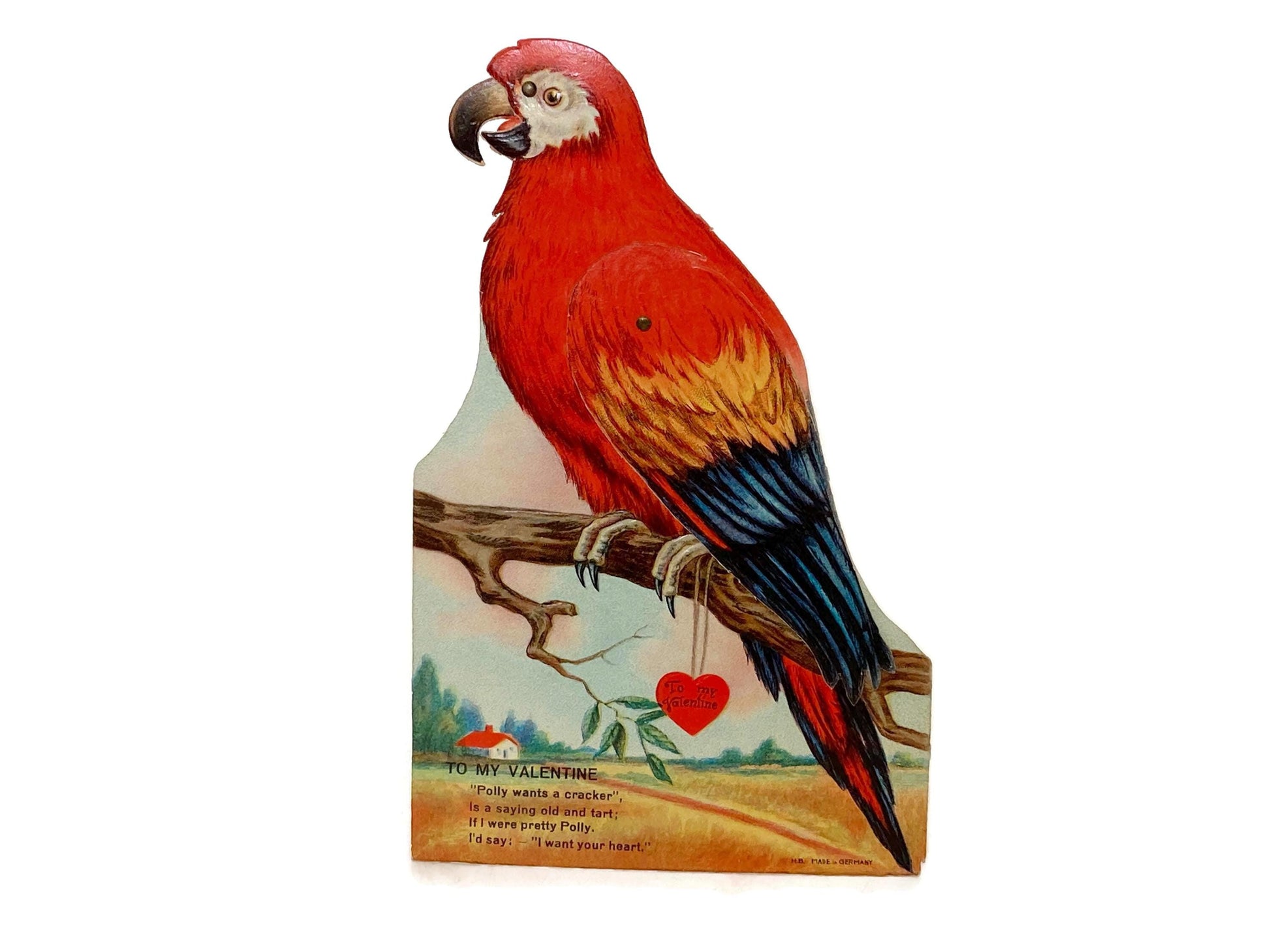 Antique Valentine's Day Card, Mechanical Die Cut Parrot at Duckwells