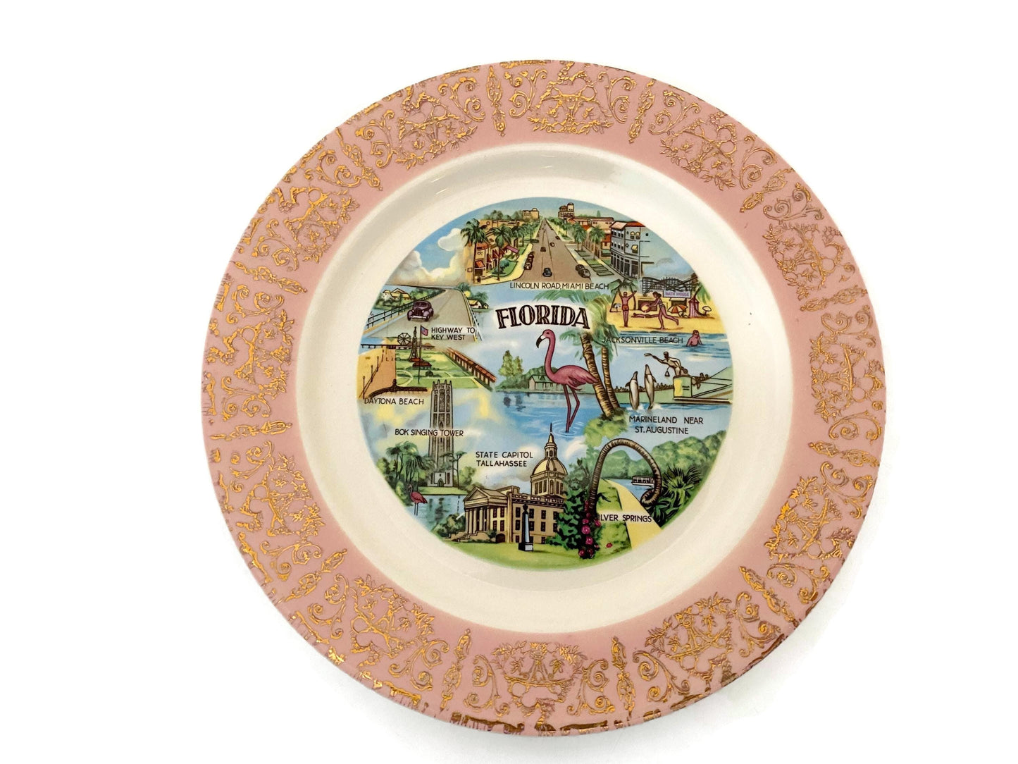 Midcentury Pink Florida Souvenir Plate at Duckwells