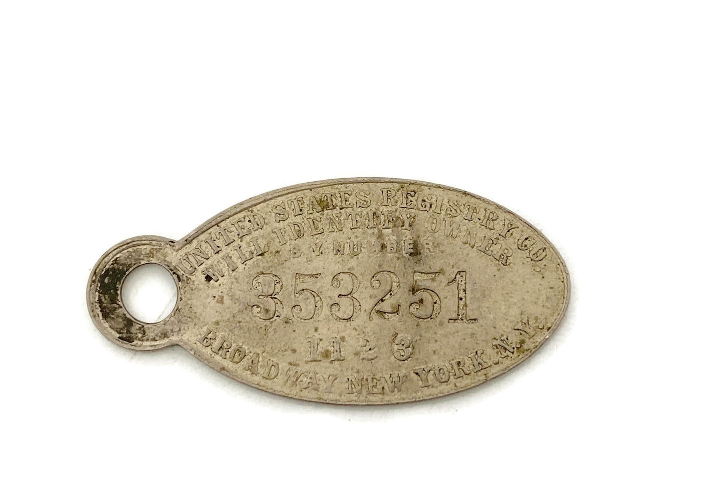 Antique Key Fob Registry Metal Tag, Broadway, New York at Duckwells